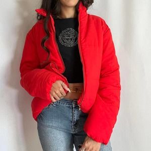 Amazing Versace couture Red Puffer Coat jacket with gold detailing Early 2000s